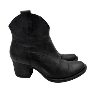 Born Black Leather Western Ankle Boots Side Zip‎ Block Heel Womens 7.5 M D15202